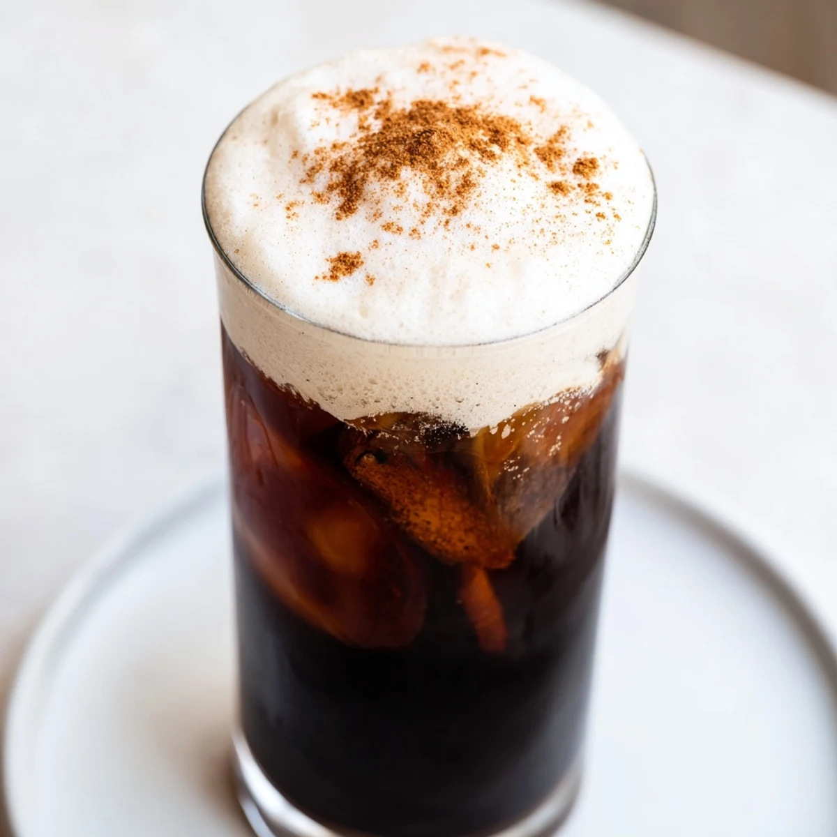 Iced chai recipe photo, showcasing a tall glass of chai topped with creamy white cold foam.