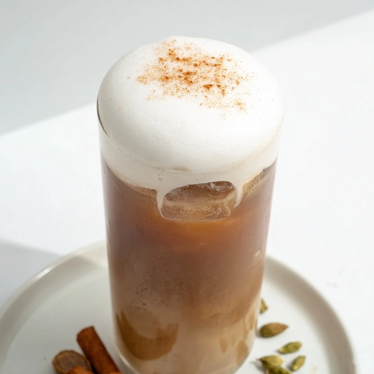 Homemade iced chai with a perfect cold foam topping, ideal for a refreshing summer indulgence.