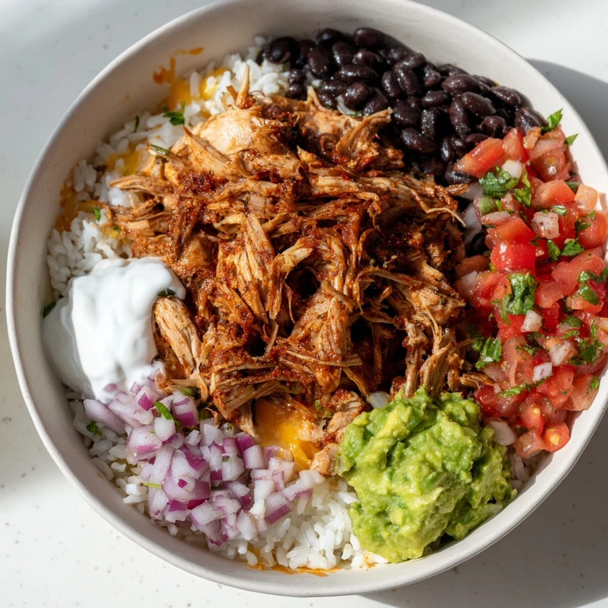 A vibrant Chipotle Burrito Bowl copycat topped with juicy carnitas and creamy queso, ready to enjoy.