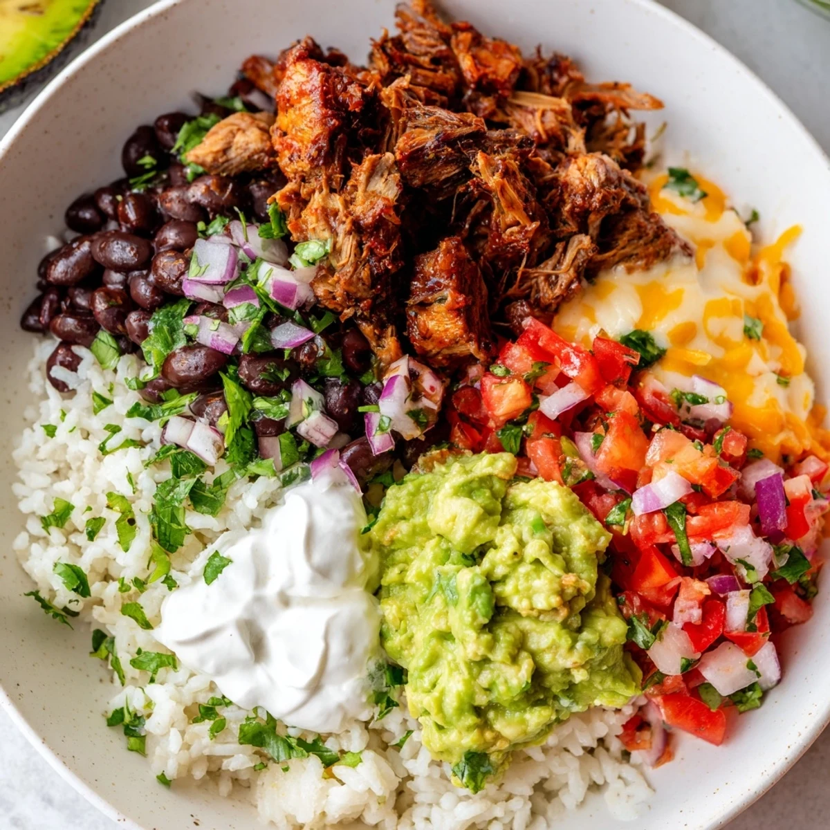 This Chipotle Burrito Bowl features tender carnitas, cilantro rice, and fresh guacamole for delicious flavors.