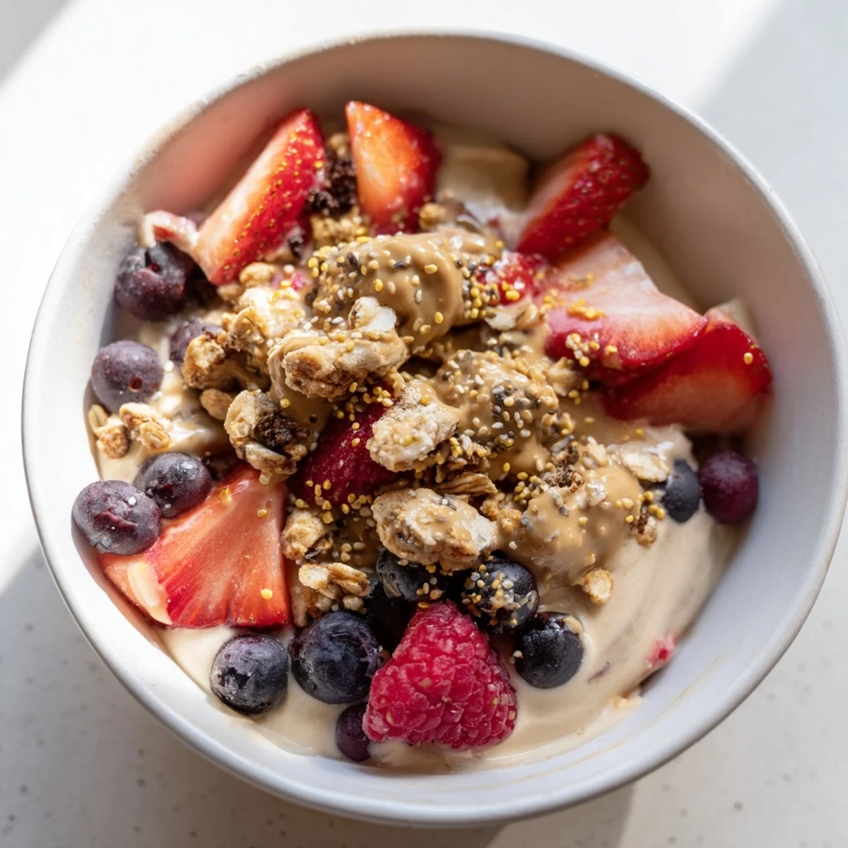 Frozen banana blended with protein shake creates a delightful base for these protein ice cream bowls.
