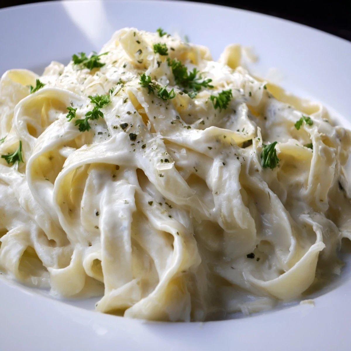 Vibrant green parsley garnishes this delicious, high-protein Cottage Cheese Alfredo Sauce dish.