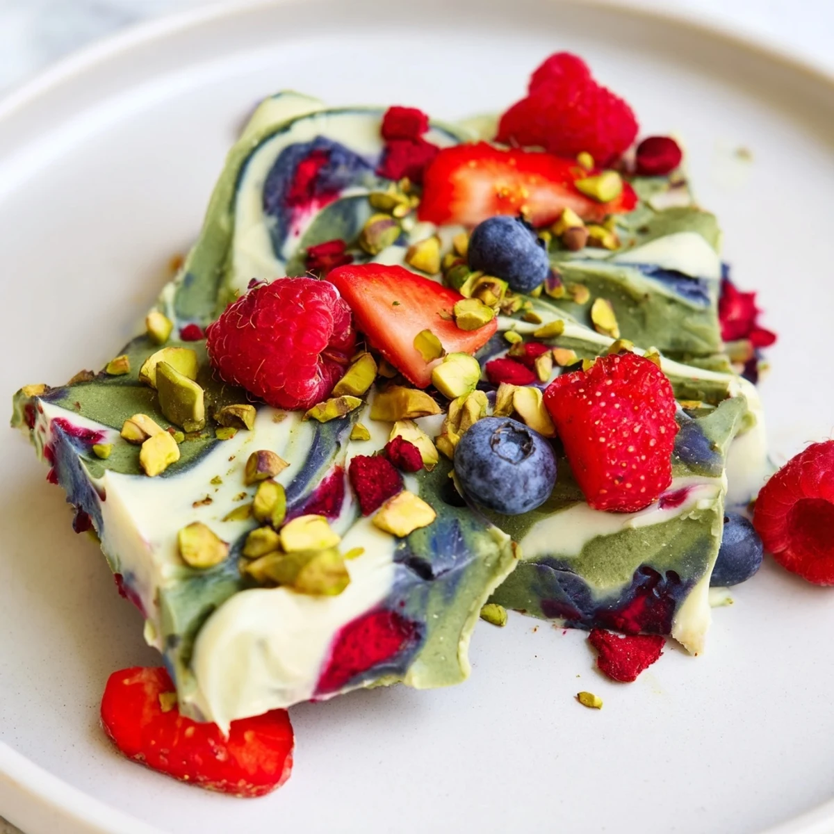 Creamy, marbled Frozen Yogurt Bark, a refreshing dessert swirled with matcha and berry purees.