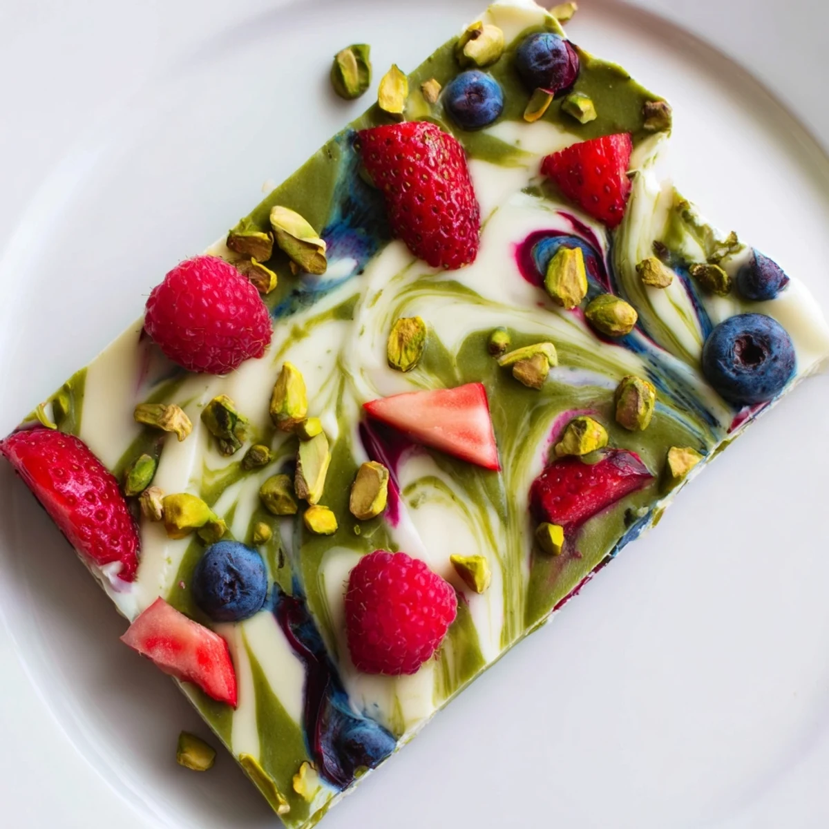 Vibrant and colorful Frozen Yogurt Bark, showcasing mixed berries and chopped pistachios on a frozen treat.