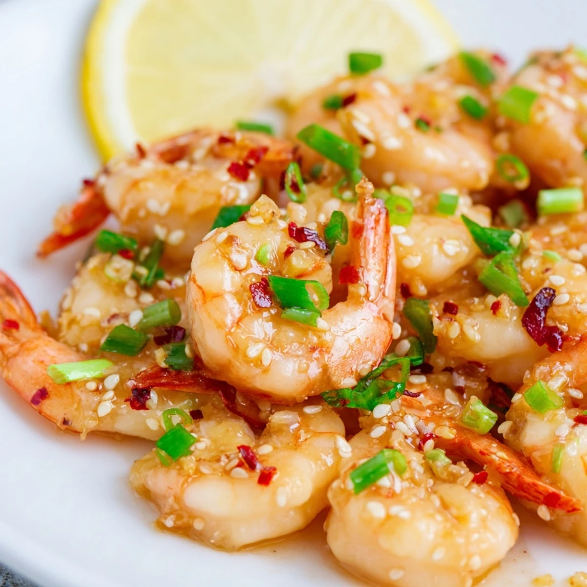 Close-up of the flavorful Korean Garlic Butter Shrimp, garnished with scallions and sesame seeds.
