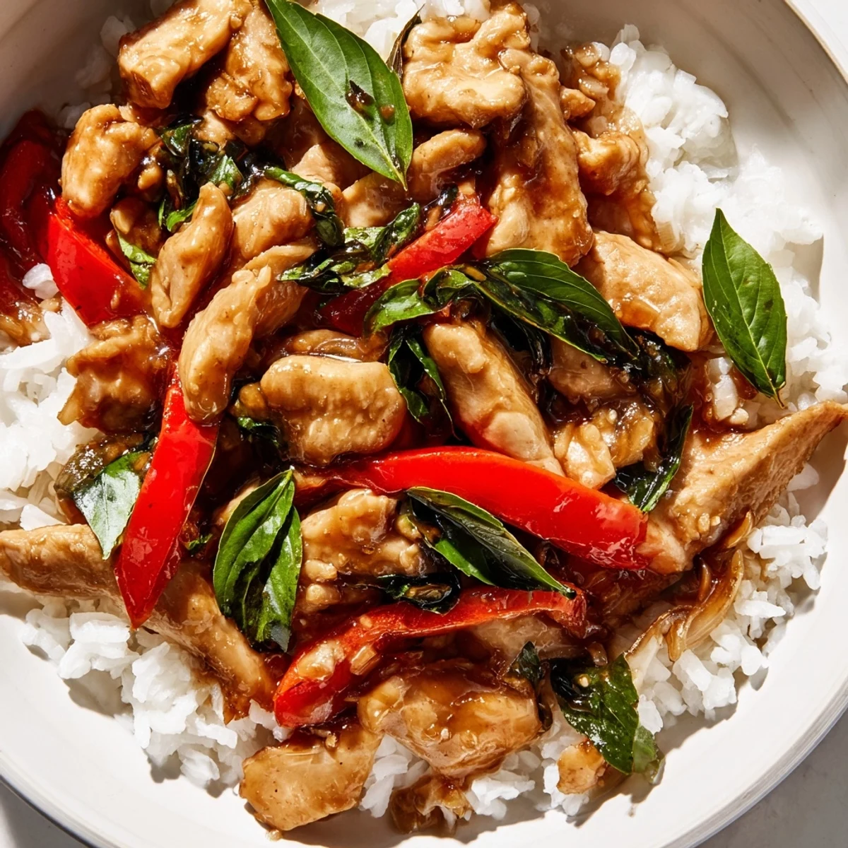 Thai Basil Chicken Bowls: A flavorful main dish with glistening chicken and aromatic basil over rice.