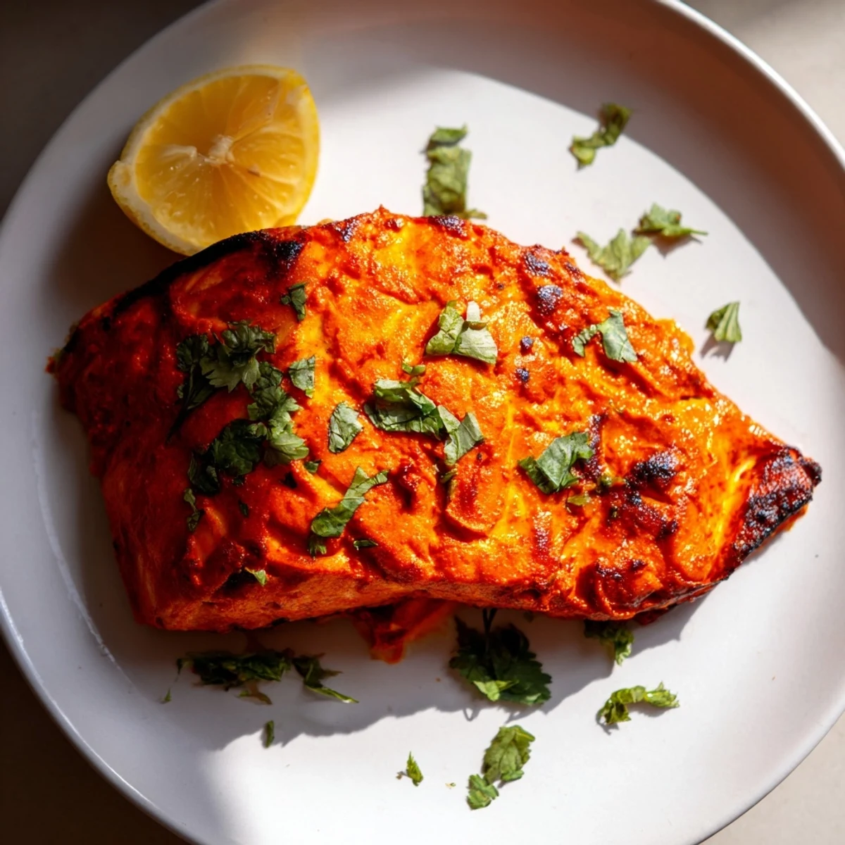 Tikka Salmon, marinated and baked, garnished with fresh cilantro and a squeeze of zesty lemon.