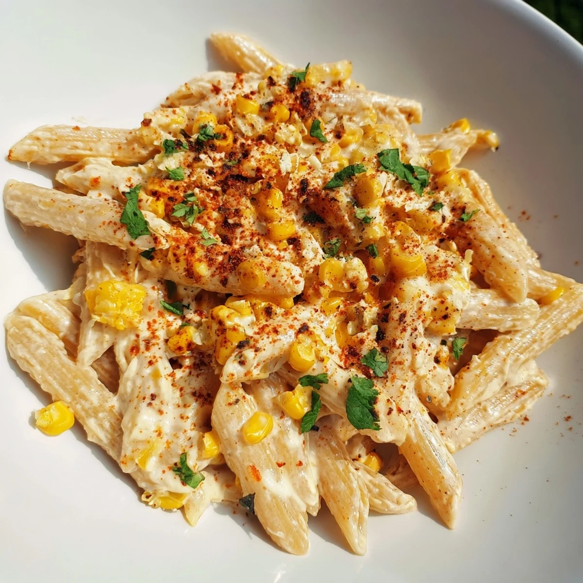 Tossed, vibrant Mexican Street Corn Pasta with corn, lime, and cheese, an inviting vegetarian dinner.