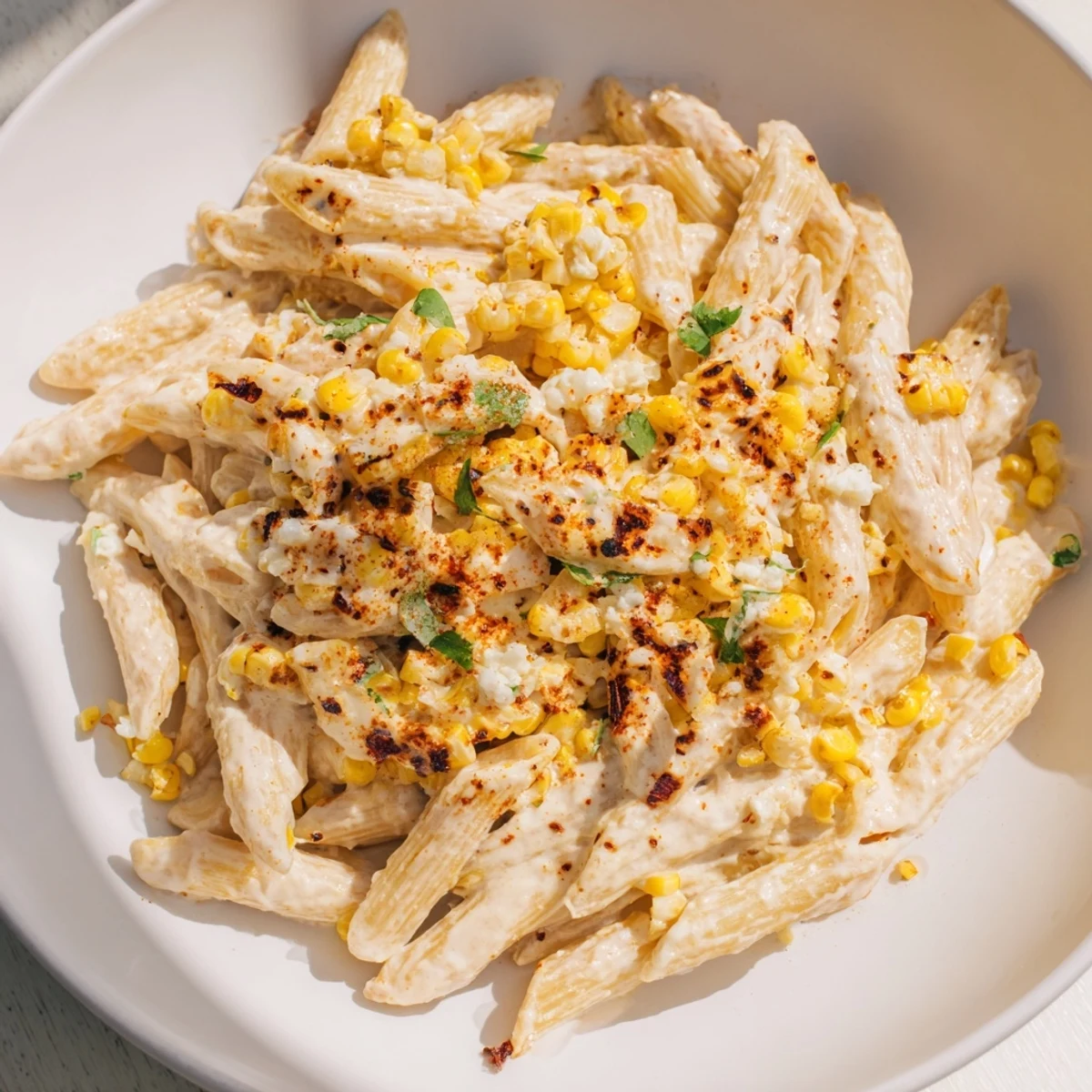 Creamy Mexican Street Corn Pasta, topped with cotija and cilantro, ready to serve, a flavorful meal.