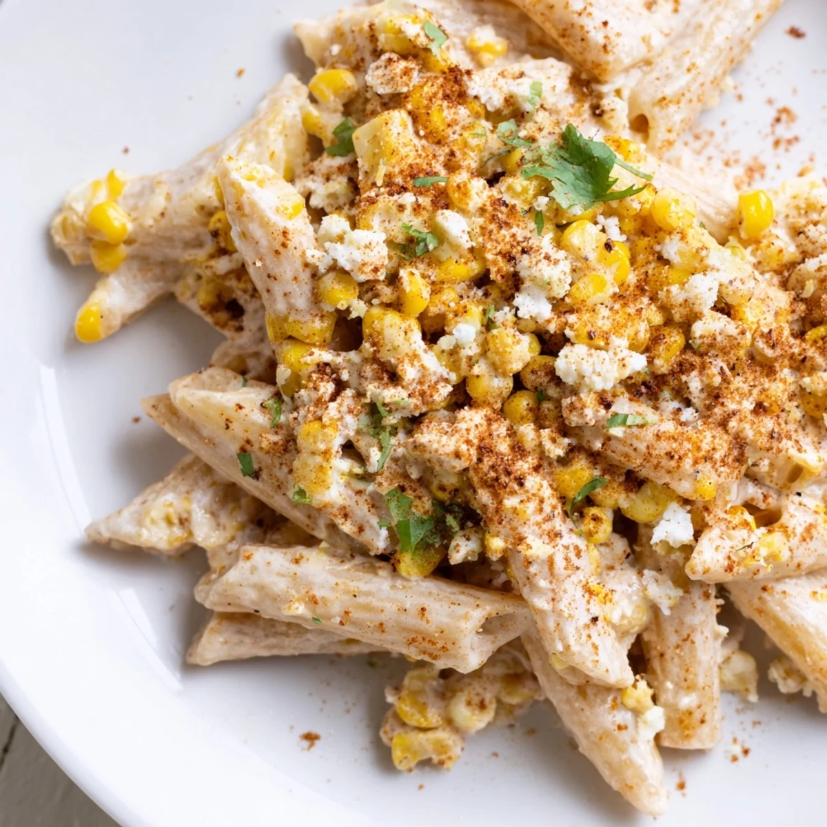Bright, zesty picture of Mexican Street Corn Pasta, with a sprinkle of chili, ready to eat.