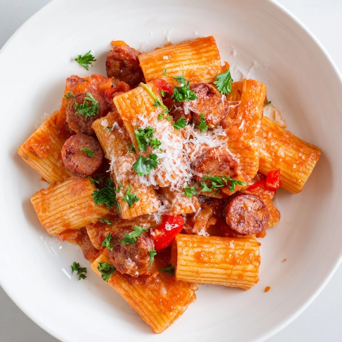 Sizzling skillet of Spanish Chorizo Pasta, showcasing the vibrant red sauce, ready to be served.