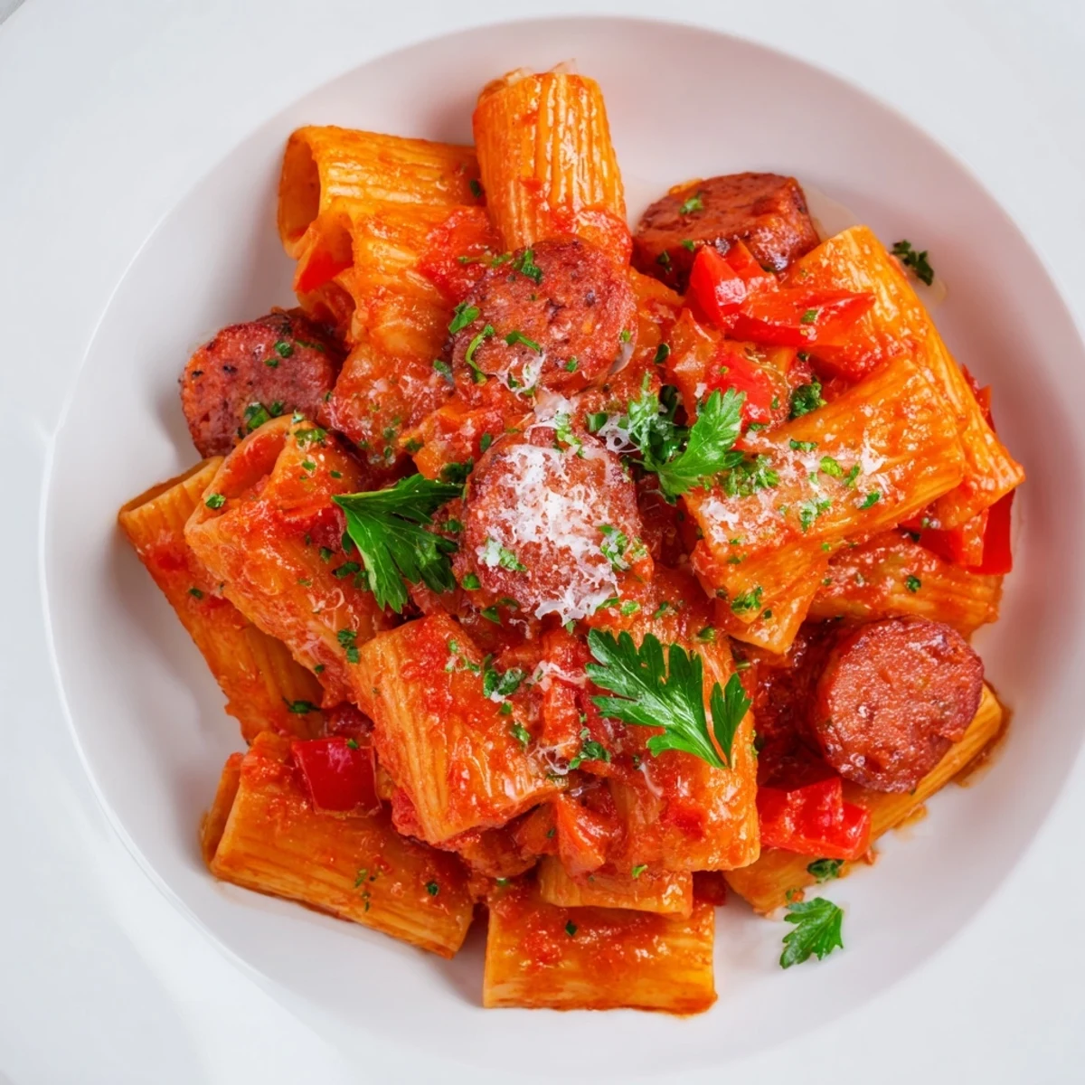 A close-up shot of the finished Spanish Chorizo Pasta, sprinkled with fresh parsley and cheese.