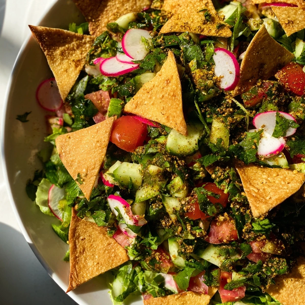 Fresh Lebanese Fattoush Salad with vibrant colors and crispy pita chips, ready to enjoy.