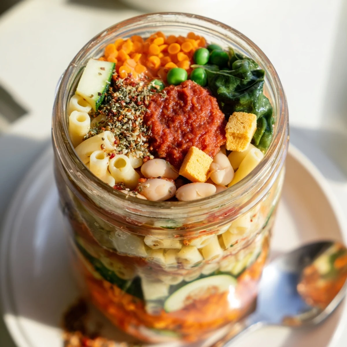 A close-up of a layered Minestrone Soup in Jar with colorful diced vegetables, pasta, and herbs, ready for boiling water.