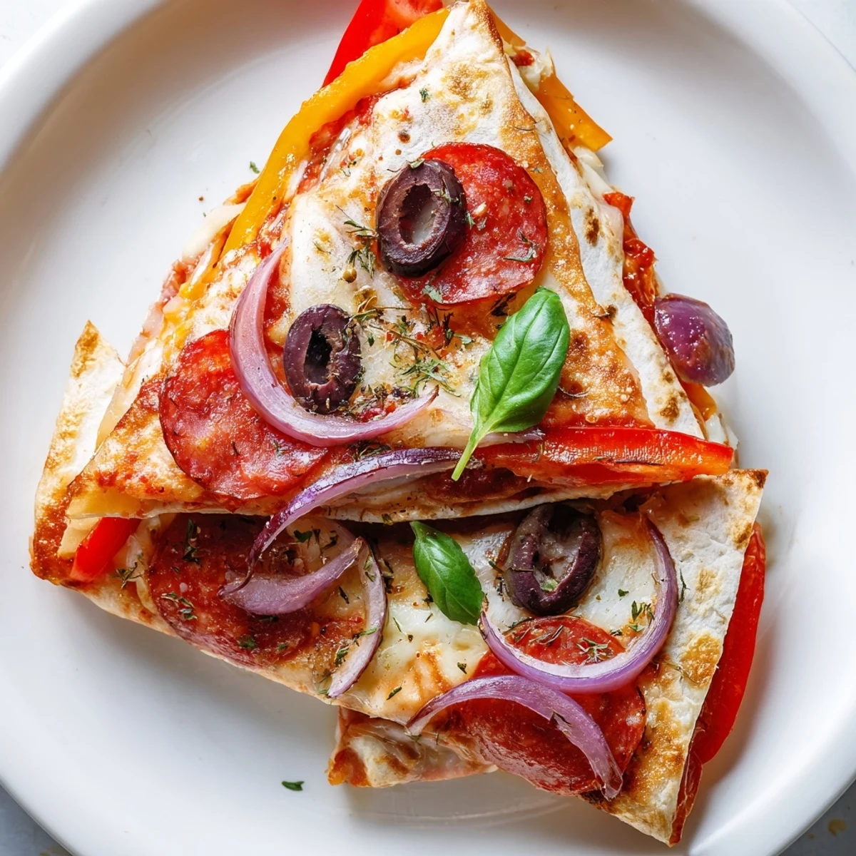Overhead view of a sliced Tortilla Pizza Wrap with vibrant red bell peppers, olives, and onions on a white plate.