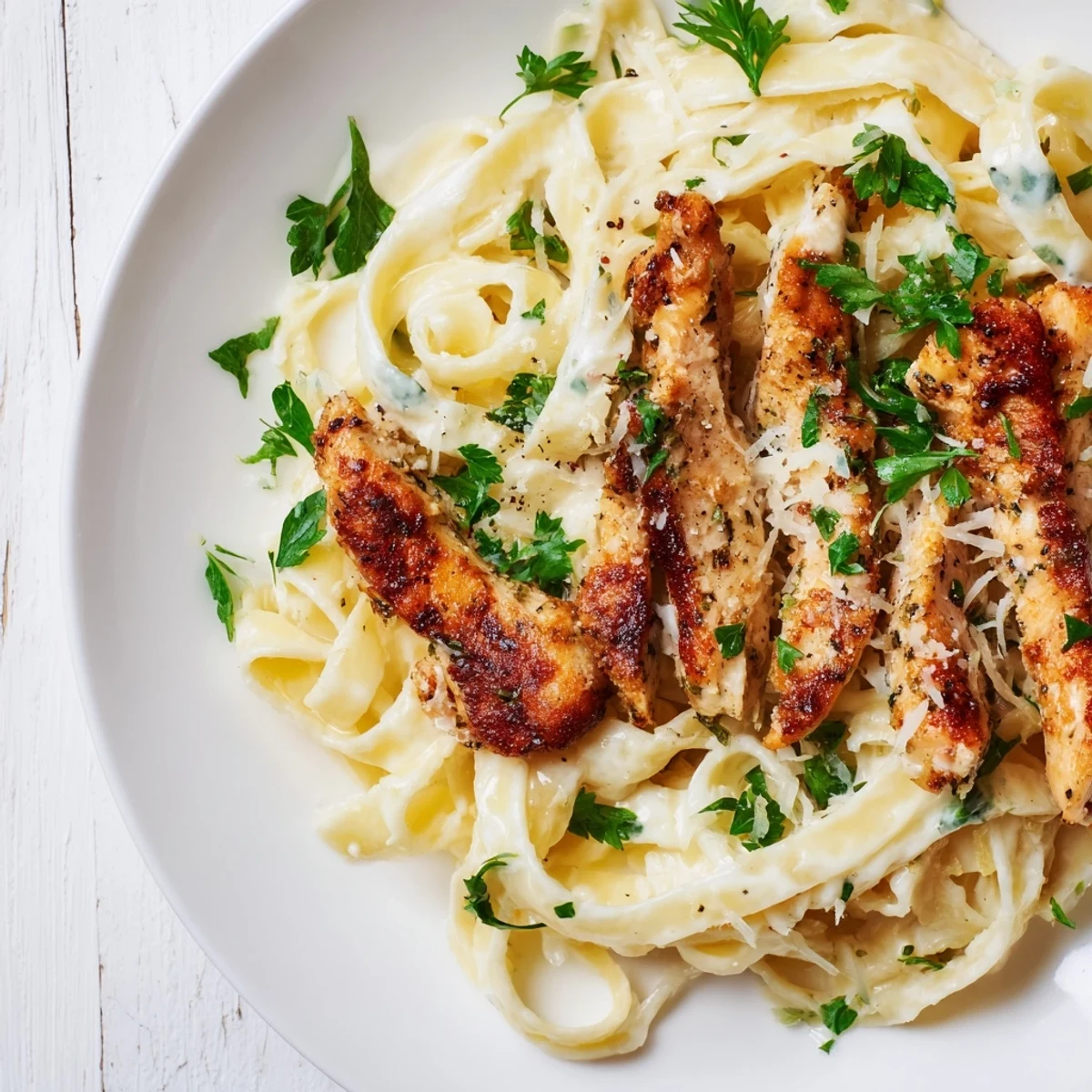 Golden-brown chicken strips simmer in a creamy Alfredo sauce, tossed with fettuccine and garnished with fresh parsley in a skillet.