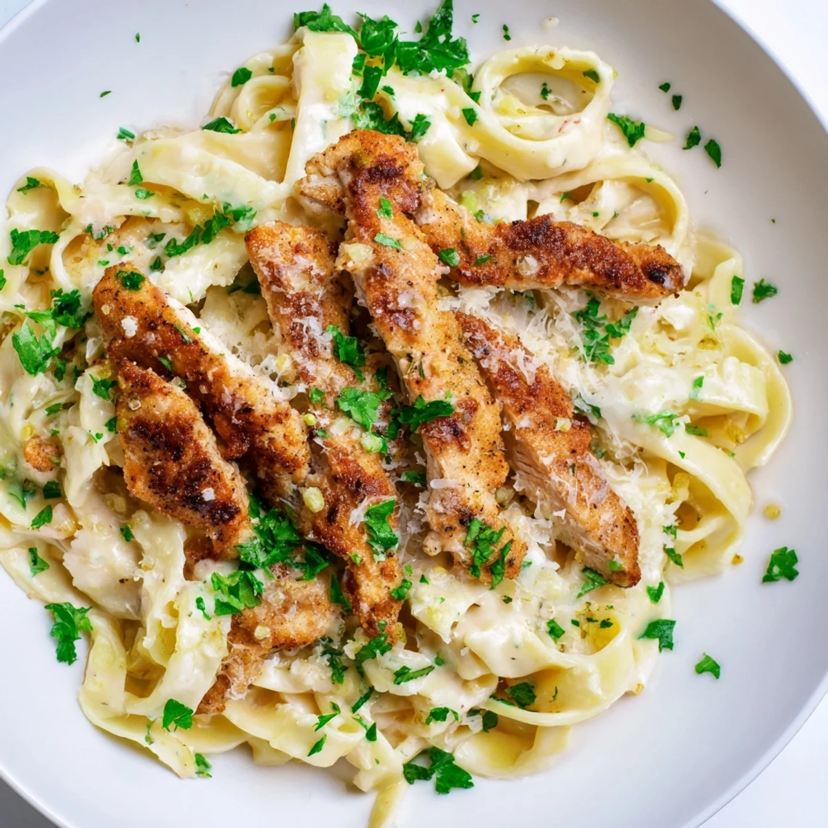A close-up of creamy Skillet Chicken Alfredo with tender pasta and melted Parmesan, perfect for a weeknight comfort food dinner.