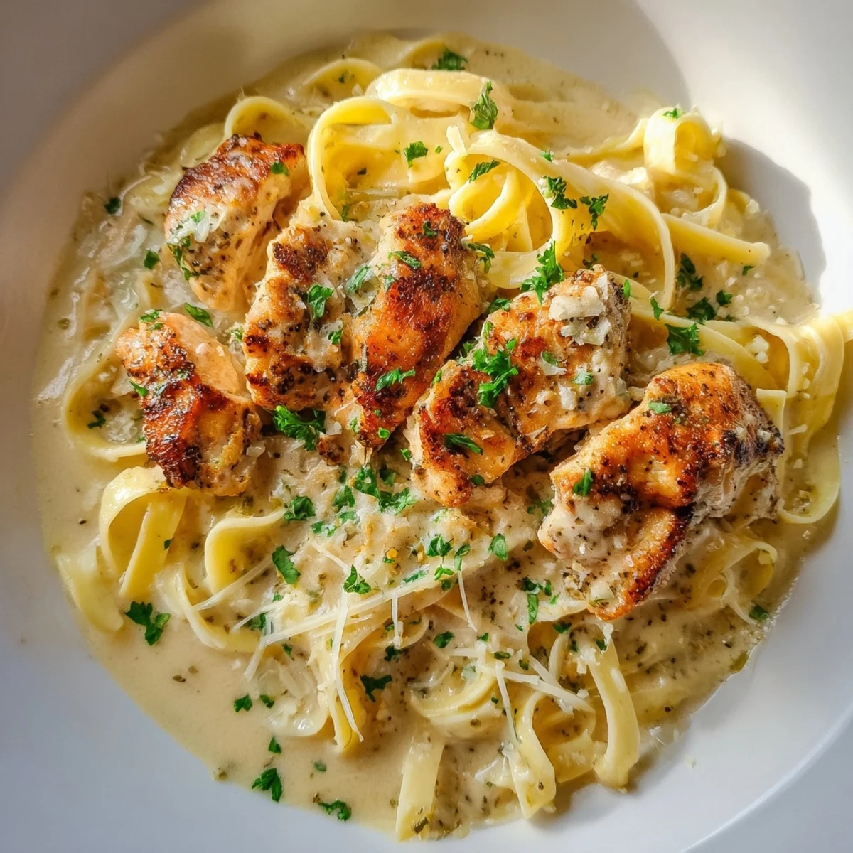 Skillet Chicken Alfredo features succulent chicken and coated pasta in rich sauce, ready to serve with a side salad or garlic bread.