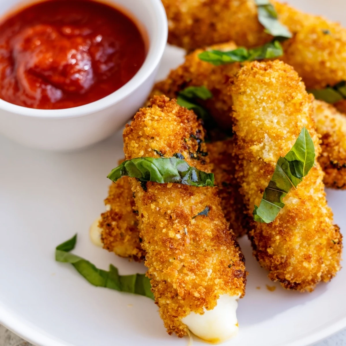 Golden, crispy air fryer mozzarella sticks with gooey cheese pull, served with warm marinara dip and fresh basil garnish.  