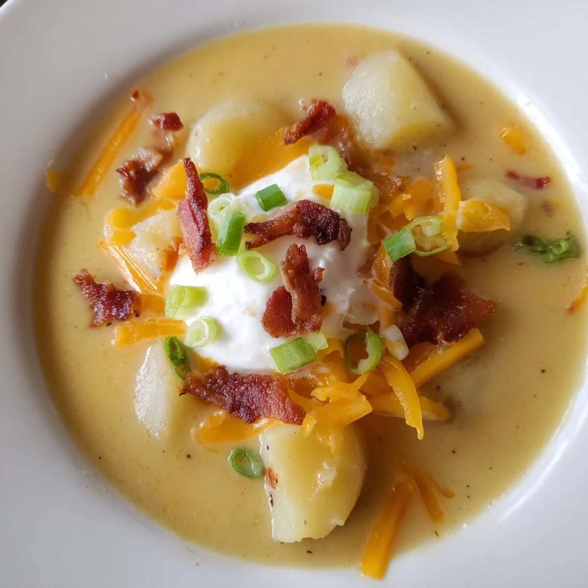 Creamy Loaded Baked Potato Soup with crispy bacon, sharp cheddar, and a dollop of sour cream in a rustic bowl.