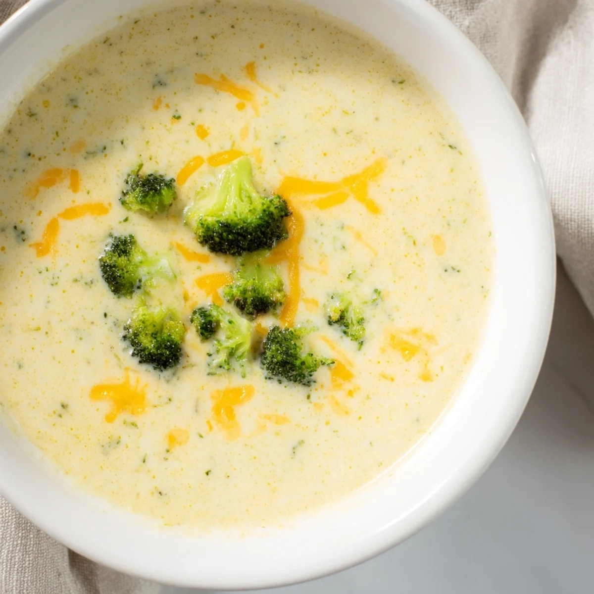 Creamy broccoli cheddar soup in a rustic bowl, topped with roasted florets and melted cheddar, perfect for cozy winter meals.  