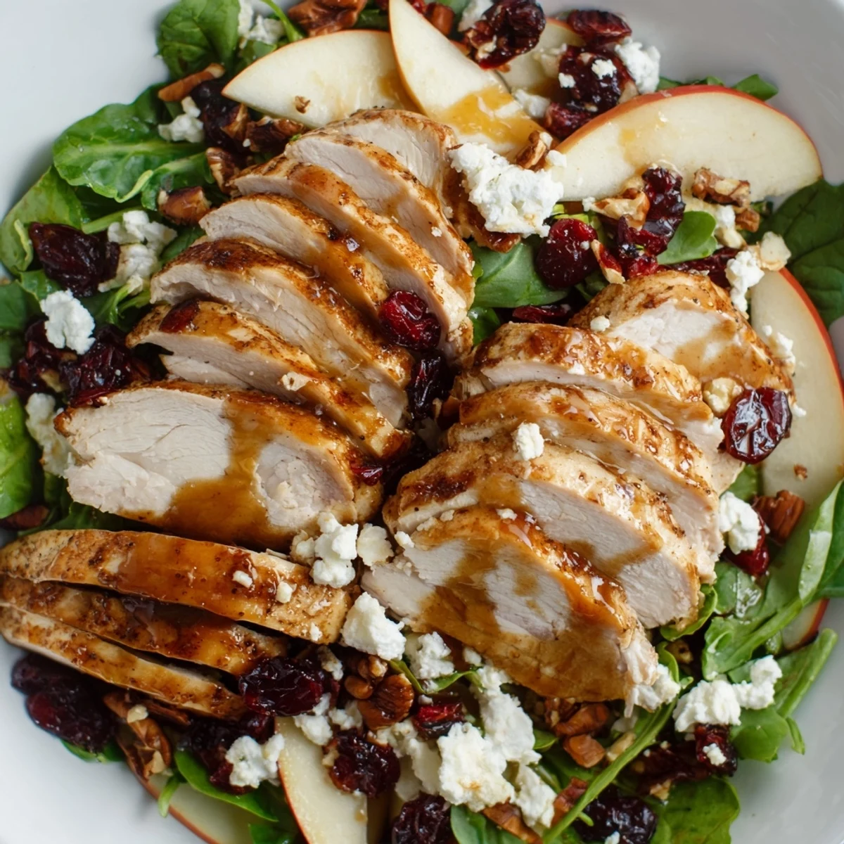 A vibrant Caramel Apple Chicken Salad with candied pecans, red onion, and goat cheese served on a rustic platter.