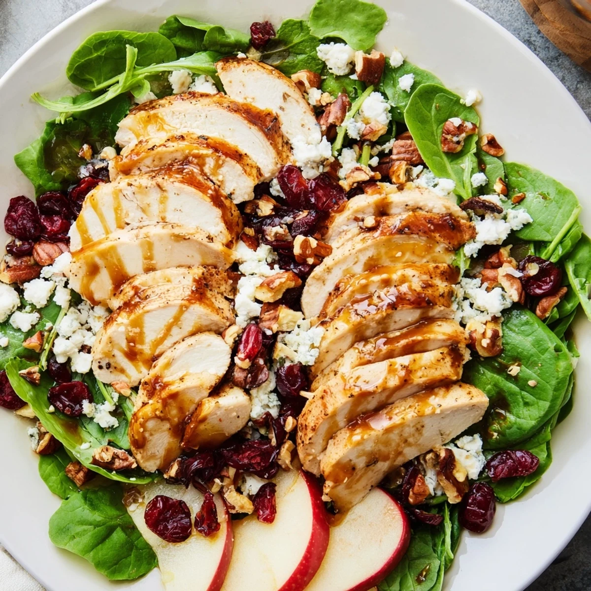 Golden caramel-pecan dressing drizzles over crumbled feta and cranberries in an autumn-inspired Caramel Apple Chicken Salad.