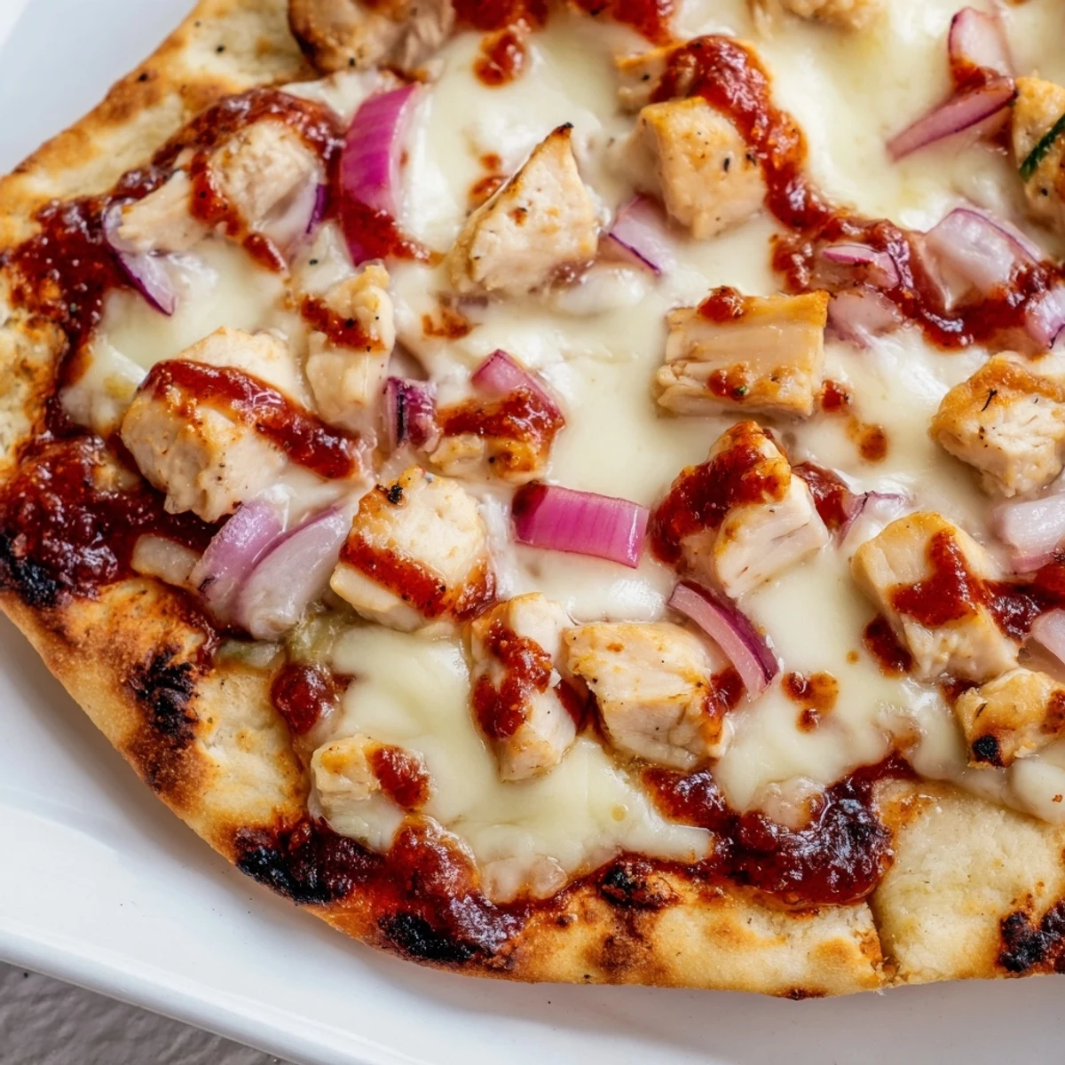 Golden-brown crispy flatbread loaded with tangy BBQ sauce, tender grilled chicken, and melted mozzarella cheese.