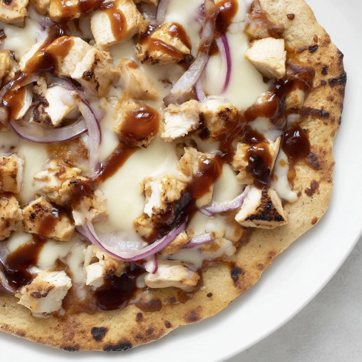 Sliced red onion and fresh cilantro garnish this hot BBQ Chicken Flatbread fresh from the oven.