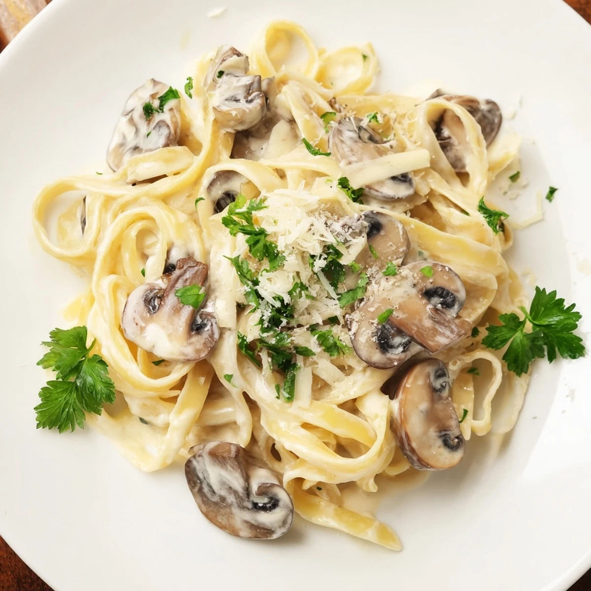 A warm skillet of Creamy Mushroom Alfredo, garnished with fresh parsley and extra Parmesan, served alongside a glass of white wine for a cozy dinner.