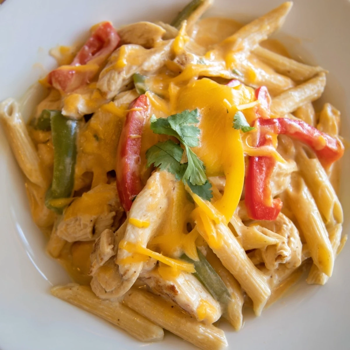 Sizzling Chicken Fajita Pasta Skillet in a skillet, featuring golden pasta, tender chicken strips, and sautéed onions and peppers.
