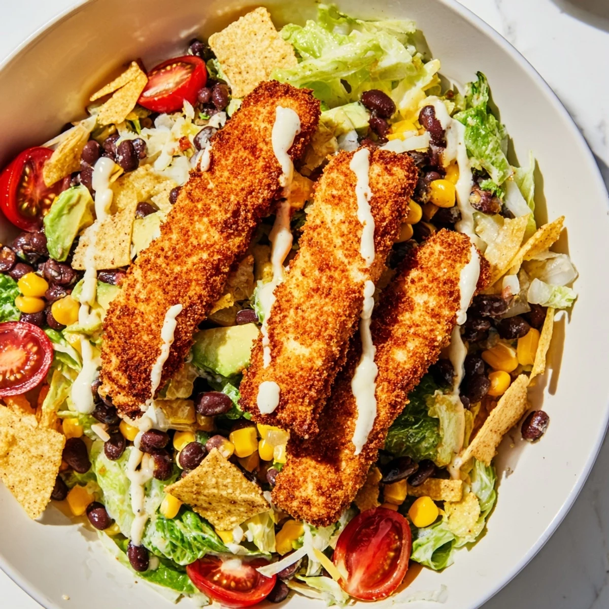 Golden crispy chicken strips nestled on a vibrant bed of romaine, black beans, corn, and cherry tomatoes.