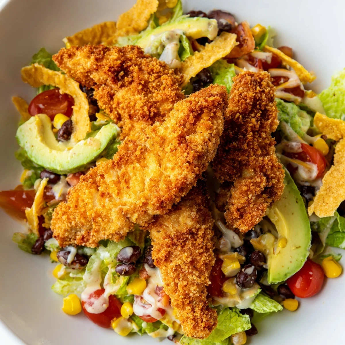 Close-up of Tex-Mex Crispy Chicken Taco Salad topped with avocado, cheddar, and colorful vegetables.