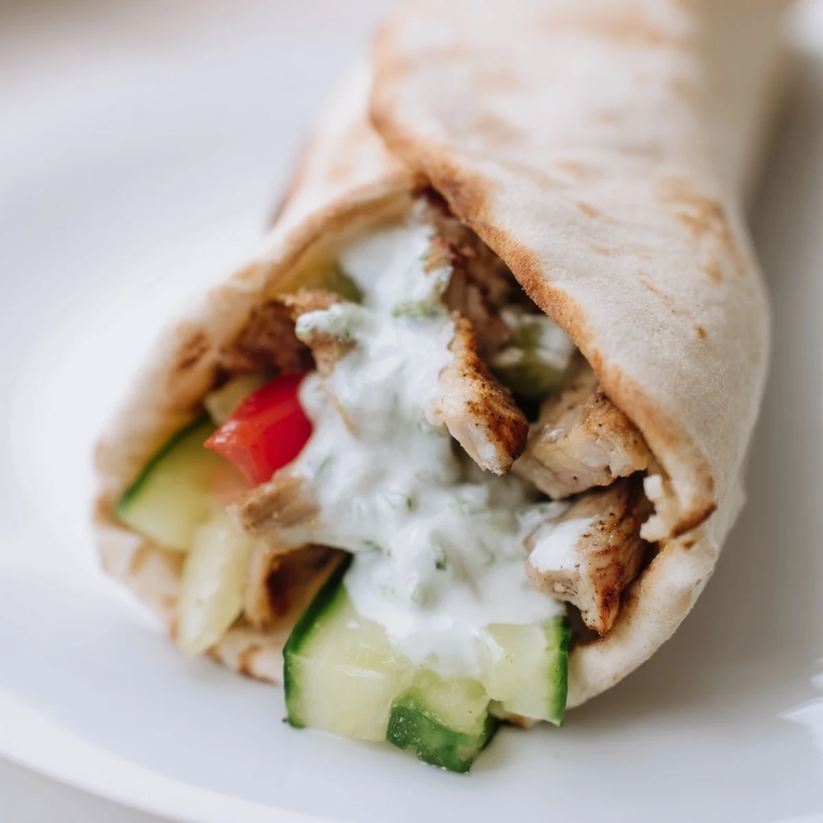 Grilled chicken strips, creamy tzatziki, crisp veggies in a soft pita, making a fresh Greek Chicken Wrap for lunch.