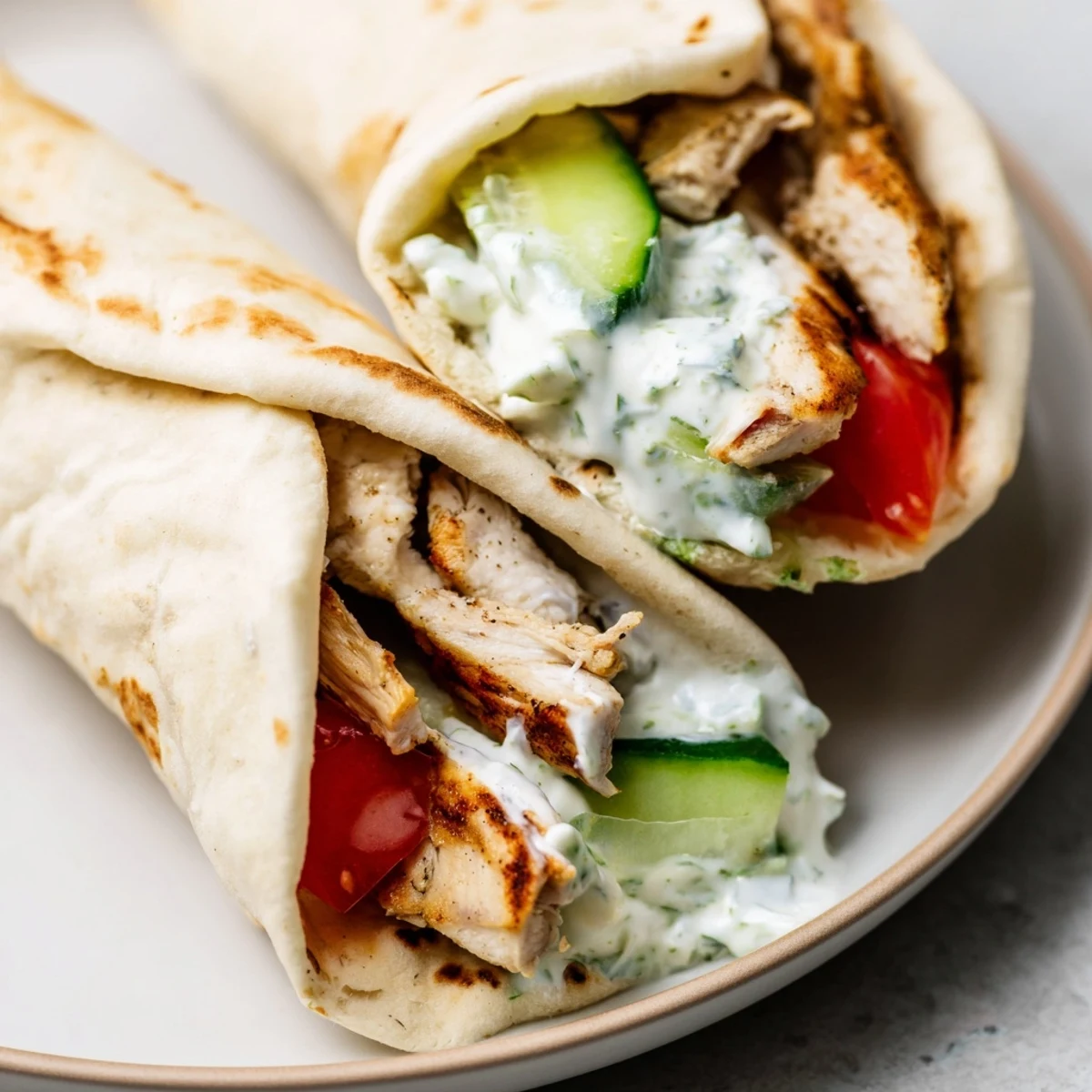 A ready-to-eat Greek Chicken Wrap featuring juicy chicken, fresh cucumber, ripe tomato, and tangy yogurt sauce in soft pita bread.