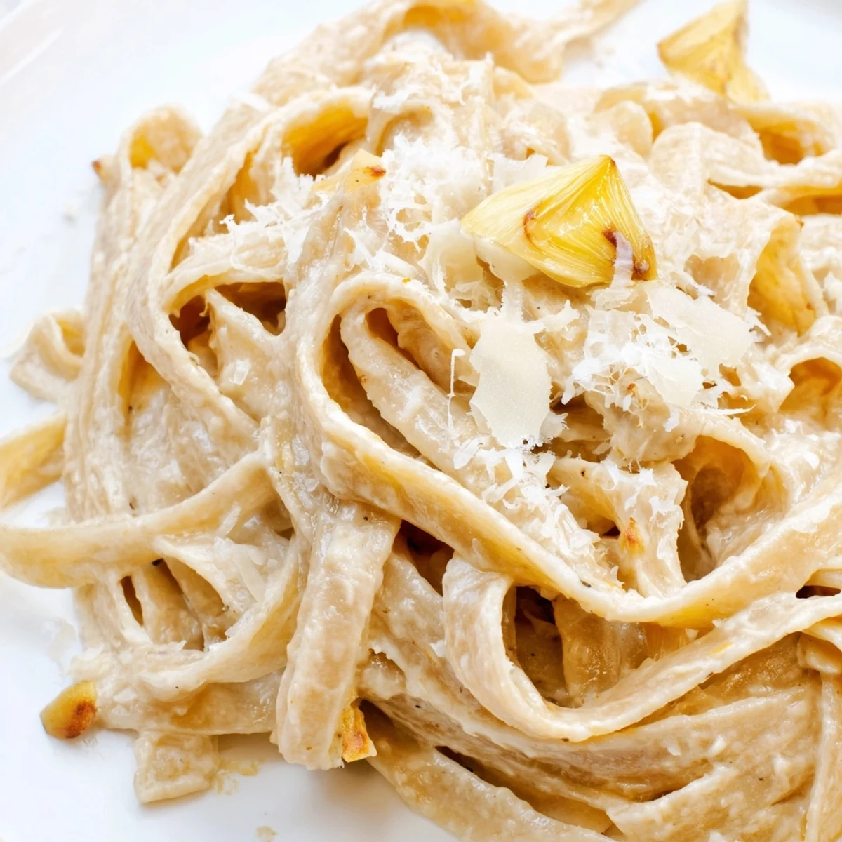 Al dente fettuccine coated in a rich, roasted garlic cream sauce, served warm and garnished with fresh parsley.