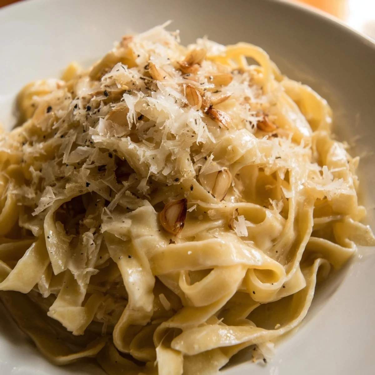 A comforting bowl of Roasted Garlic Cream Pasta with silky sauce and freshly grated Parmesan, ready to enjoy.