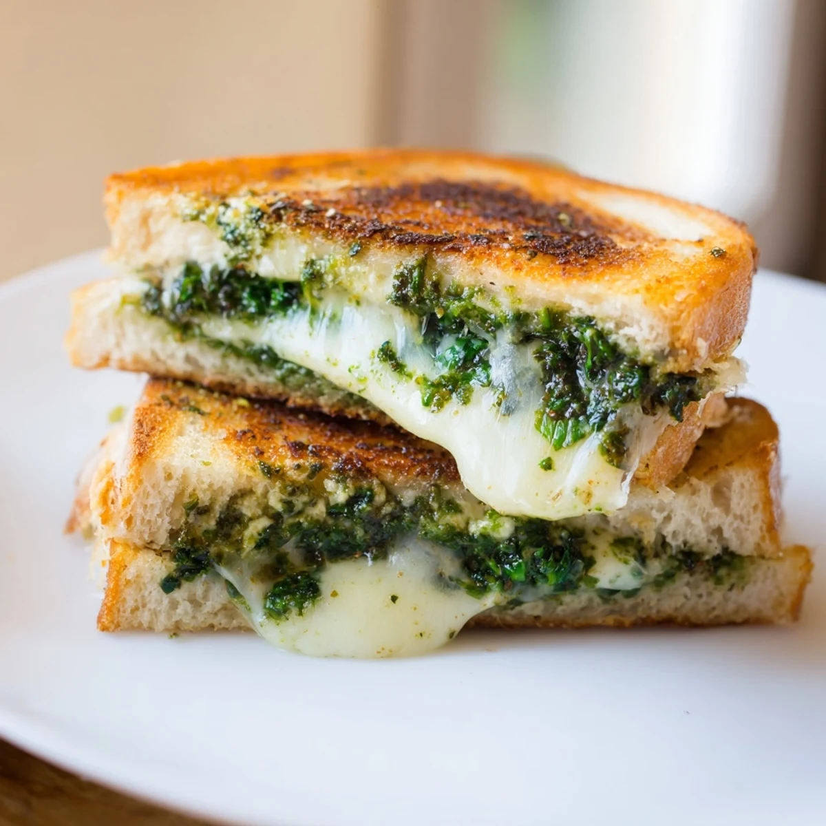 Homemade Spinach Pesto Grilled Cheese resting beside a bowl of creamy tomato soup, perfect for a comforting vegetarian lunch.