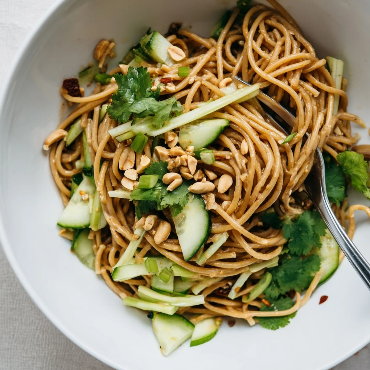 Chilled Spicy Sesame Noodle Salad garnished with fresh cucumber slices and chopped cilantro on a white plate.  