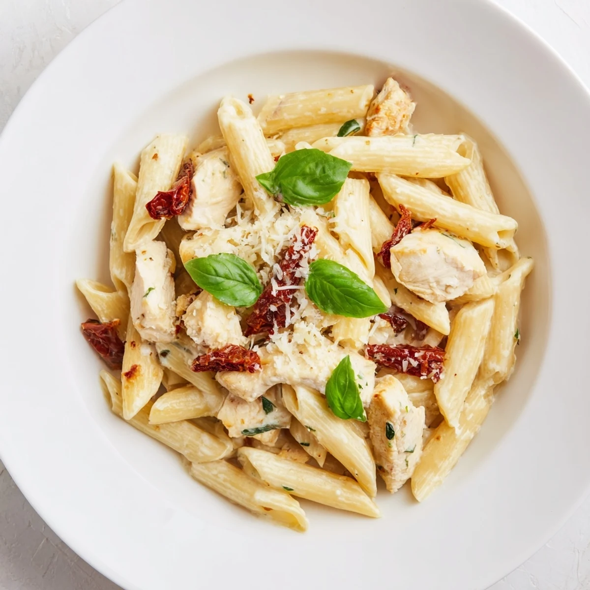 Tender strips of chicken and penne pasta bathed in a creamy garlic sauce flecked with sun-dried tomatoes.
