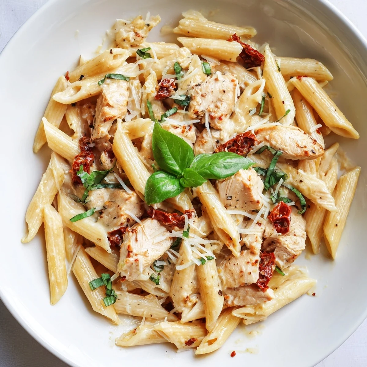 Steaming plate of penne pasta with juicy chicken and vibrant sun-dried tomatoes in a luscious, velvety cream sauce.