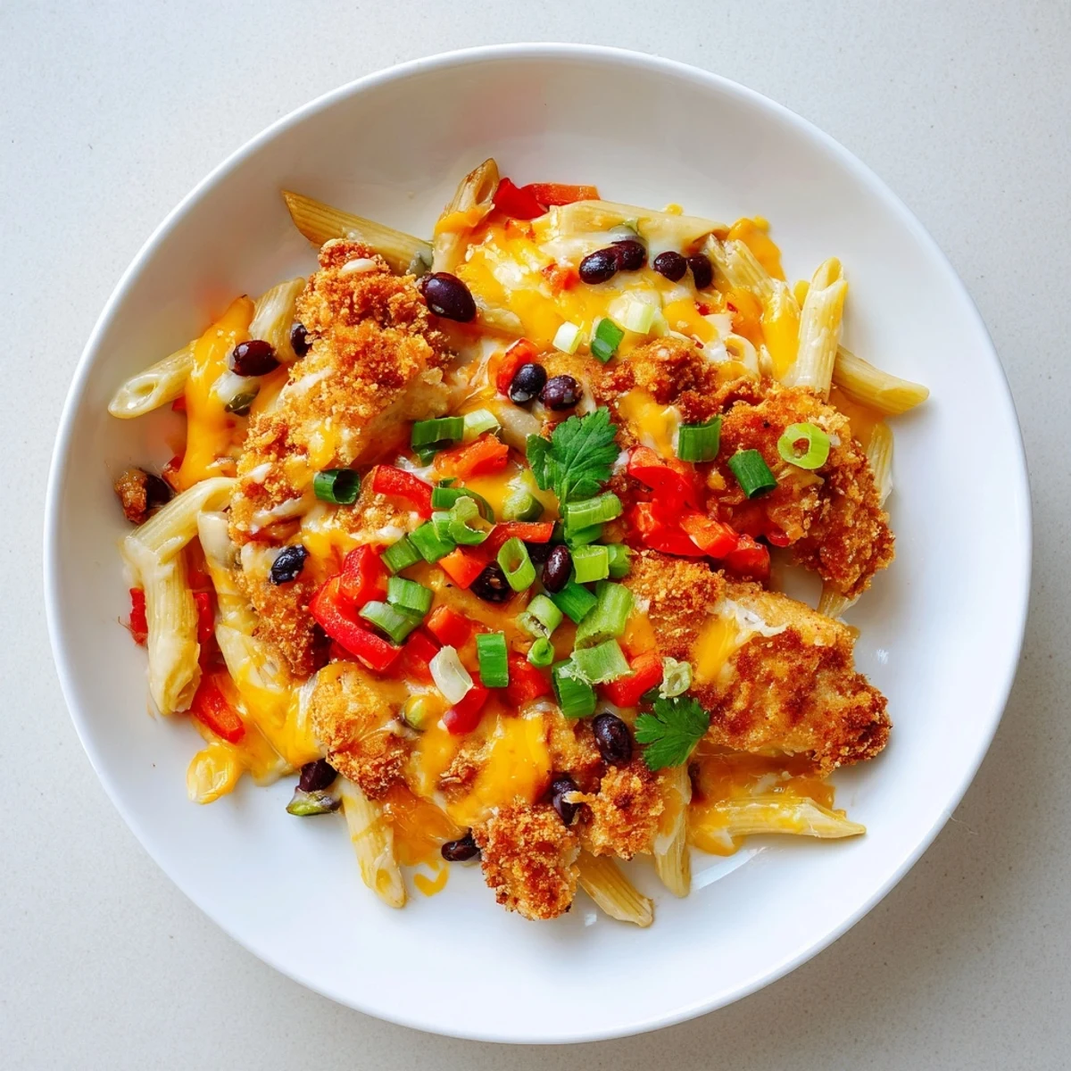 A steaming plate of Crispy Chicken Burrito Pasta garnished with fresh cilantro, sour cream, and lime wedges for serving.