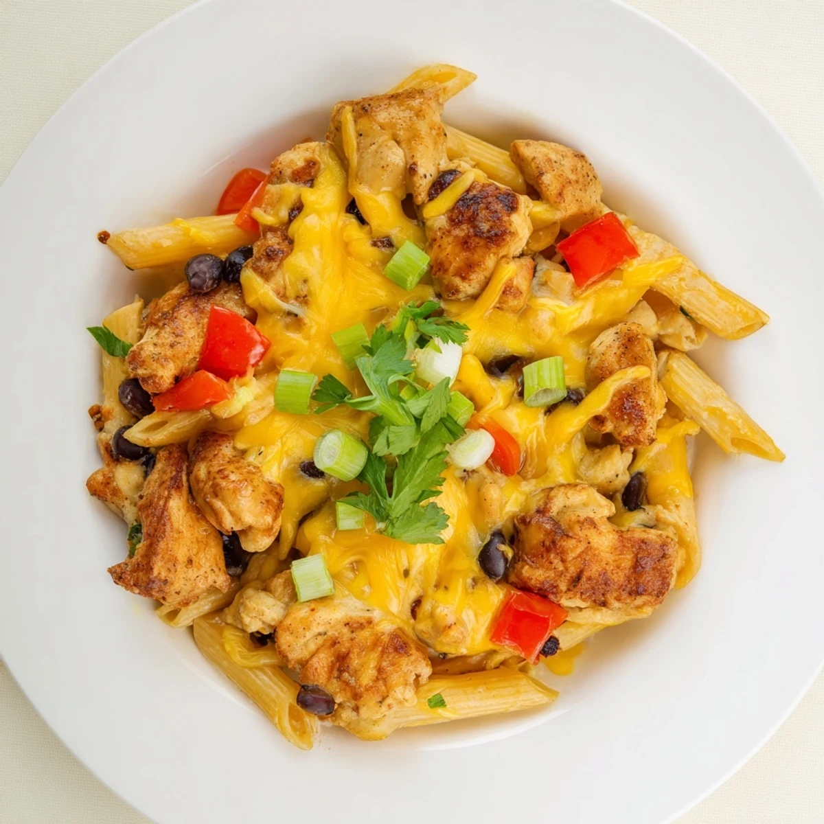 One-pan Crispy Chicken Burrito Pasta with melted cheddar and Monterey Jack cheese, red onion, and vibrant bell peppers.