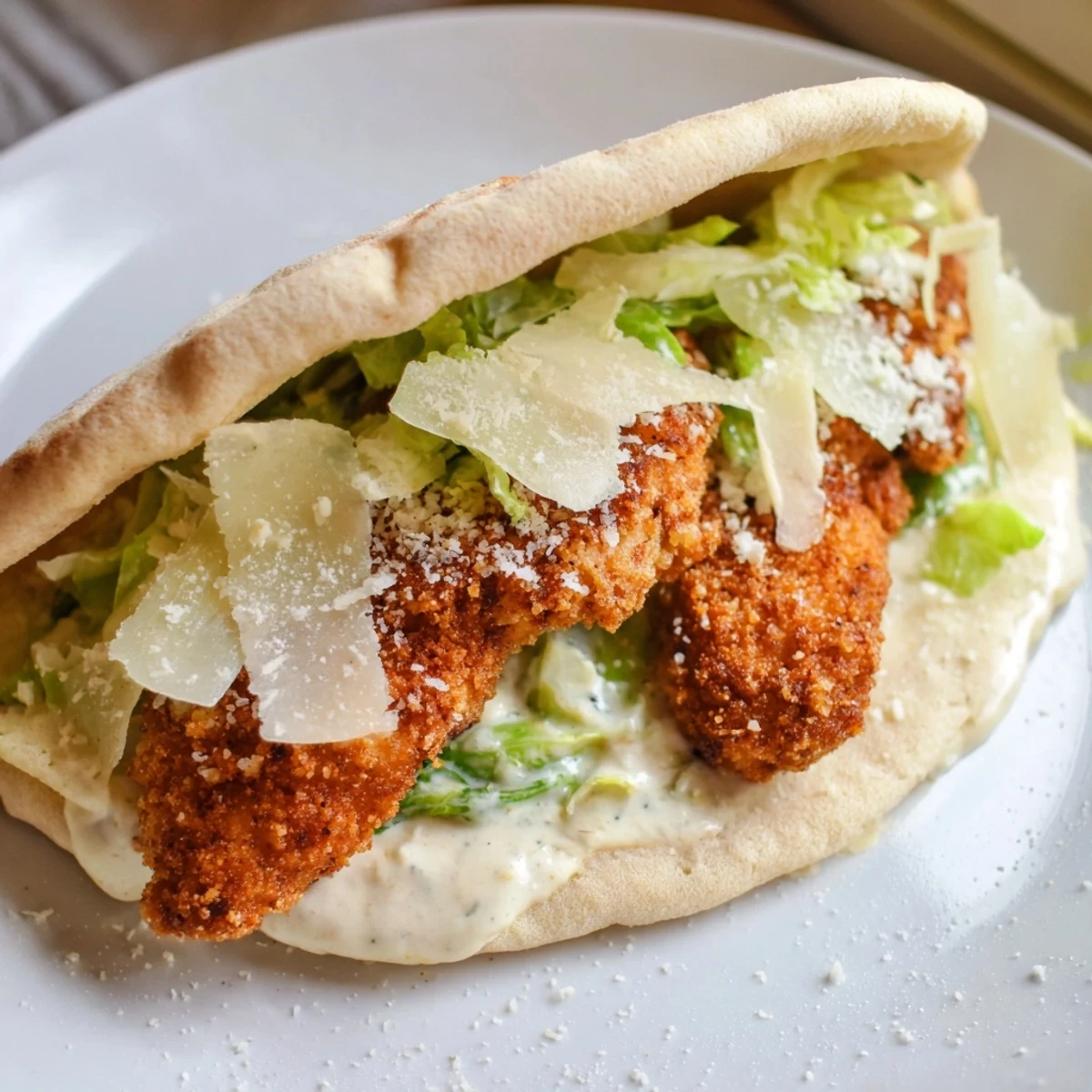 Golden crispy chicken strips layered with romaine lettuce and shaved Parmesan, stuffed into a warm pita and drizzled with creamy Caesar dressing.