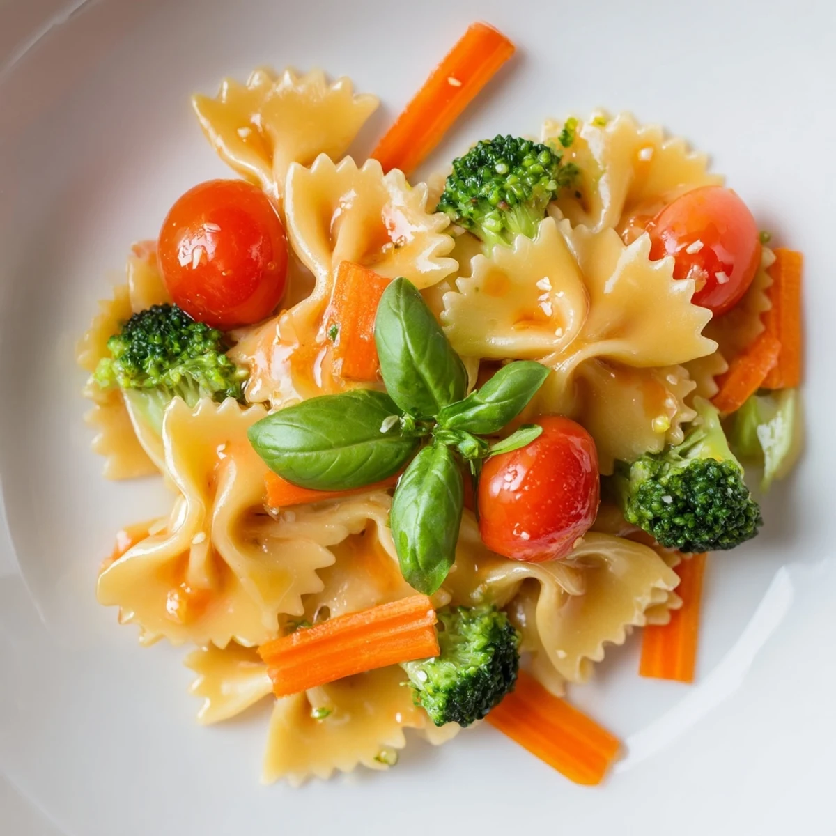 Vibrant Rainbow Veggie Pasta Primavera in a bowl, showcasing colorful bow-tie pasta tossed with fresh spring vegetables in a light garlic sauce.  