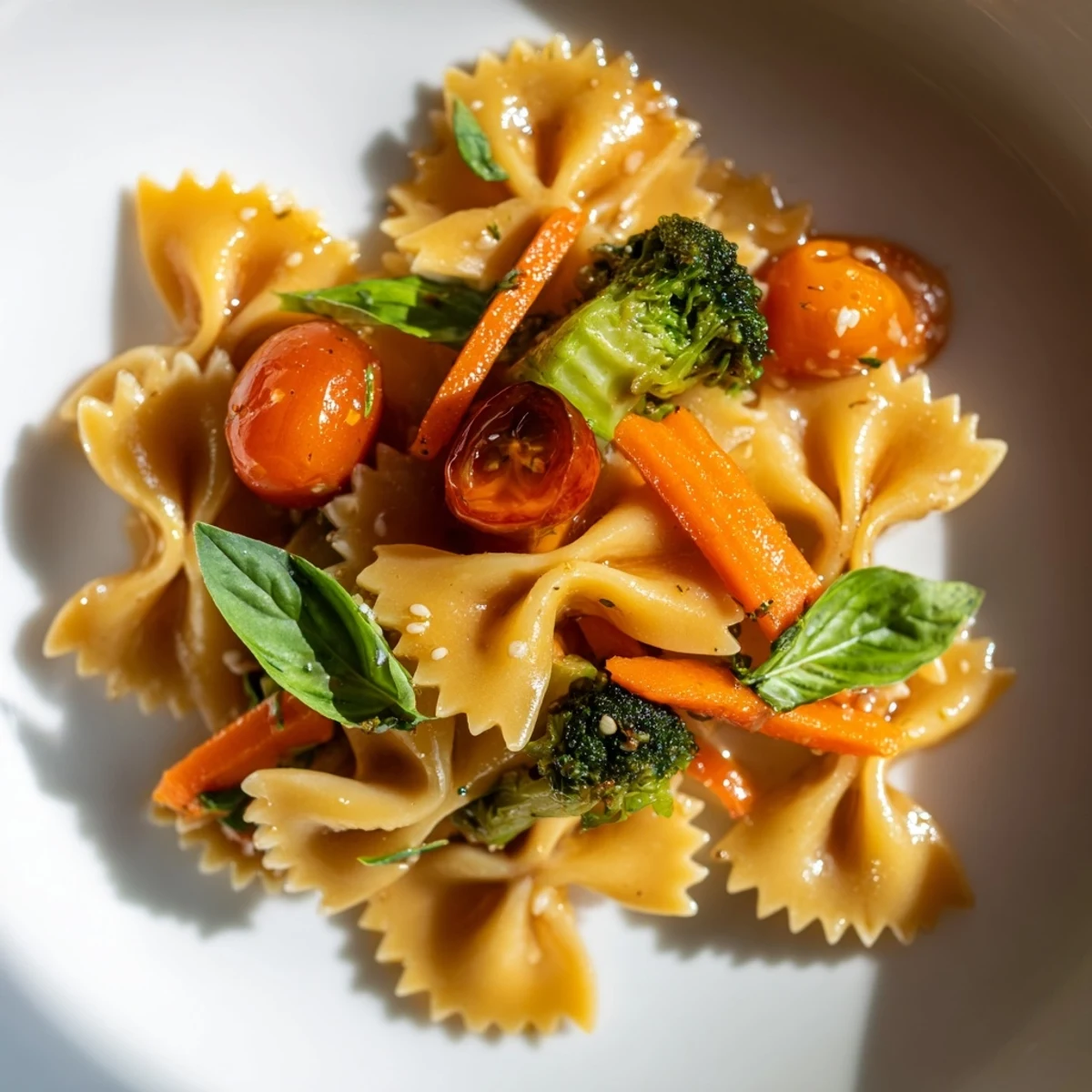 Serving suggestion for Rainbow Veggie Pasta Primavera, garnished with fresh basil and Parmesan, perfect for a healthy vegetarian dinner.