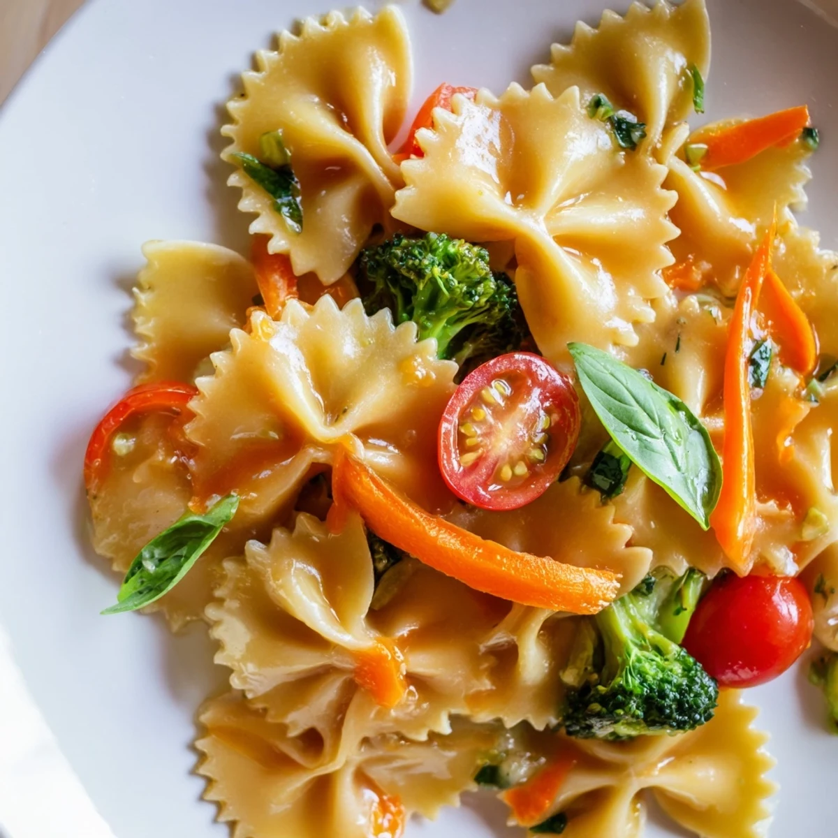 A close-up of Rainbow Veggie Pasta Primavera, featuring al dente farfalle and a medley of steamed asparagus, peppers, and tomatoes.  