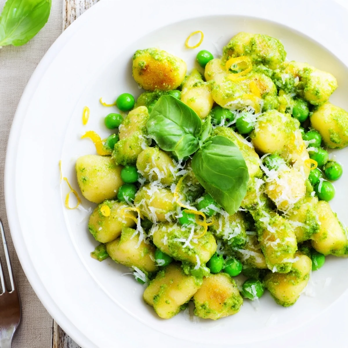 A steaming bowl of Pesto Pea Gnocchi Skillet garnished with fresh basil and parmesan, served for a family-style meal.  