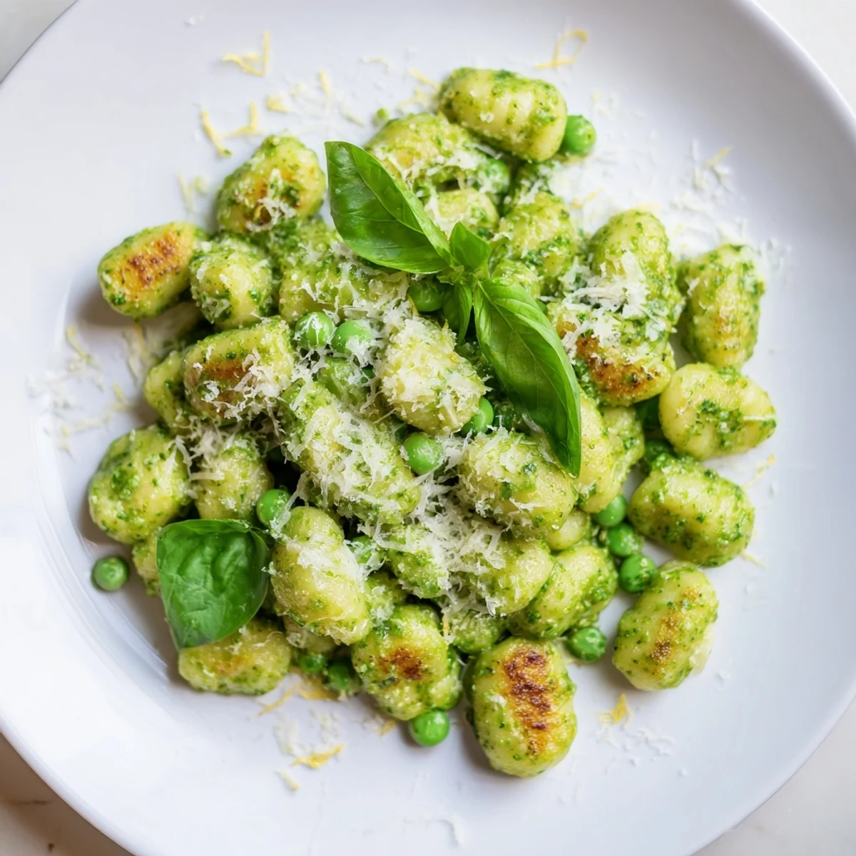 Close-up of tender gnocchi, sweet peas, and vibrant spinach coated in herby pesto, perfect over a bed of pasta.