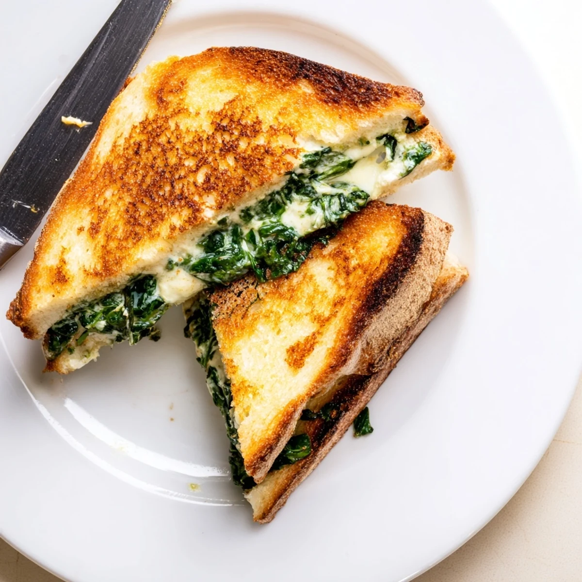 Two halves of a Feta & Spinach Stuffed Grilled Cheese rest on a white plate, revealing the vibrant green spinach and white cheese.  
